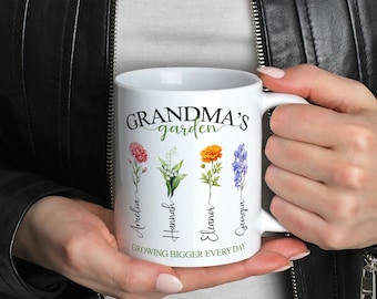 Grandmas Garden Mug, Custom Birth Flower Cup, Personalised Nanas Grandkids Name Gift, Botanical Tea Cup