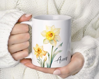Custom Name Birth Flower Mug, Watercolour Birthday Coffee Cup, End of Term Teacher Gift, Floral Birthday Bridesmaid Present