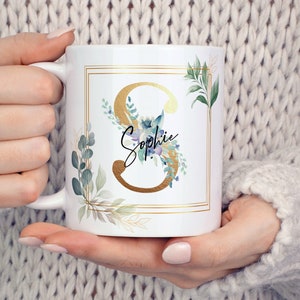Personalised Name Mug • Gold and Floral Initial Gift Mug • Mug Gift for Her • Square Frame Name Coffee Mug • Custom Name Mug • Mug • TIS043