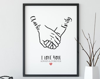 Holding Hands Poster • Personalised Couples Anniversary Print • Valentines Gift For Boyfriend • Minimalist Line Drawing Print • IWP053