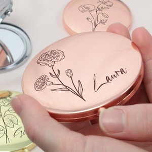 Personalized Pocket Makeup Mirror, Wedding Gift, Hen Party Gift, Delicate Engraved Compact Mirror Bridesmaid Gifts, Birth Month Flower Gift