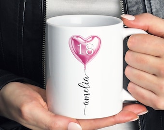 Personalised Mug, 18th Birthday Gift, 21st 30th Custom Name Mug, Pink Heart Birthday Mug For Her,Milestone Gift