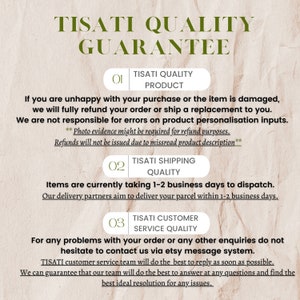May include: A graphic with the text "TISATI QUALITY GUARANTEE" in a white box with a brown woodgrain background. The graphic outlines three quality guarantees: TISATI Quality Product, TISATI Shipping Quality, and TISATI Customer Service Quality.