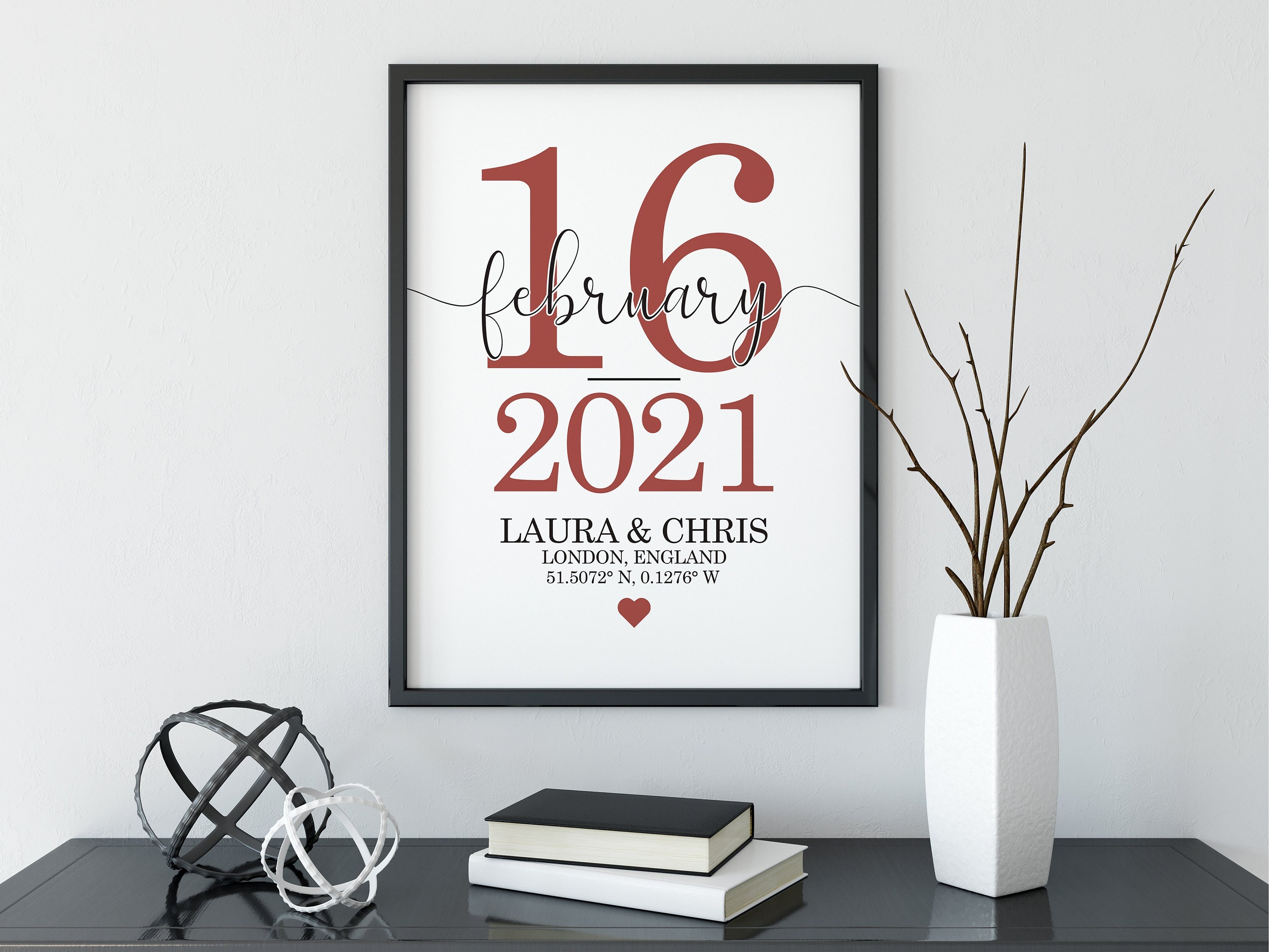 Custom Engagement Date, Names And Coordinates Print • Custom Name and Dates Anniversary Wall Print • Valentine's Day Print  For Him • IWP005