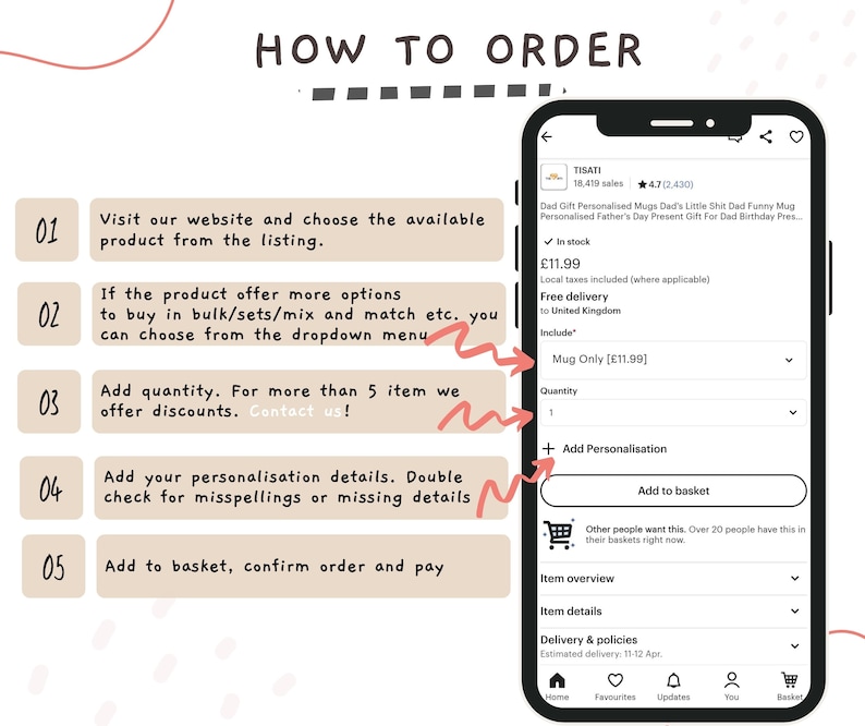 Puede incluir: Una gu&iacute;a paso a paso sobre c&oacute;mo pedir una taza personalizada en un sitio web. La gu&iacute;a incluye cinco pasos: visita el sitio web, elige el producto, agrega la cantidad, agrega los detalles de personalizaci&oacute;n y agrega al carrito. La imagen tambi&eacute;n muestra una captura de pantalla del sitio web con una lista de productos para una taza personalizada.