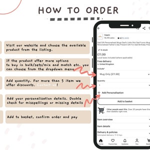 May include: A step-by-step guide on how to order a personalized mug from a website. The guide includes five steps: visit the website, choose the product, add quantity, add personalization details, and add to basket. The image also shows a screenshot of the website with a product listing for a personalized mug.