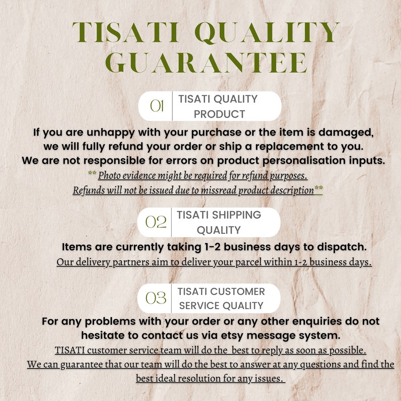 Puede incluir: Un gr&aacute;fico con el texto "TISATI QUALITY GUARANTEE" en un cuadro blanco con un fondo de madera marr&oacute;n. El gr&aacute;fico describe tres garant&iacute;as de calidad: TISATI Quality Product, TISATI Shipping Quality y TISATI Customer Service Quality.