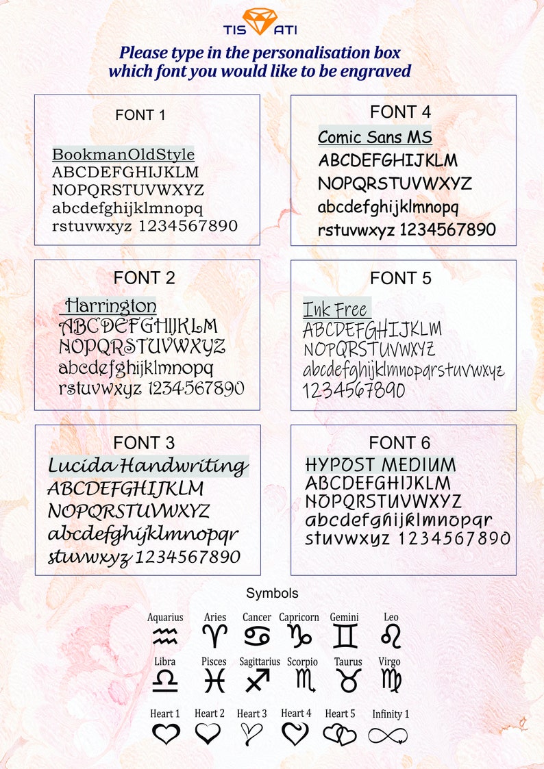 May include: A chart showing six different font styles with the alphabet, numbers, and symbols. The fonts are Bookman Old Style, Harrington, Lucida Handwriting, Comic Sans MS, Ink Free, and HYPOST MEDIUM.
