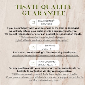 May include: A graphic with the text "TISATI QUALITY GUARANTEE" in a brown and white font. The graphic is divided into three sections, each with a number and a description of the company's quality guarantee. The first section is "TISATI QUALITY PRODUCT", the second is "TISATI SHIPPING QUALITY", and the third is "TISATI CUSTOMER SERVICE QUALITY".
