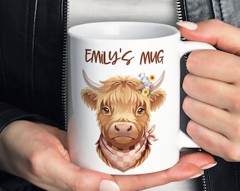 Personalised Mug, Highland Cow Mug, Cute Animal Mug, Floral Gift for Her, Custom Wildflower Birthday