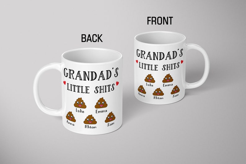 May include: Two white ceramic mugs featuring the black text GRANDAD'S LITTLE SHITS, two small red hearts, and five brown cartoon poop emojis with smiling faces. Below each emoji are the names Luke, Emma, Anna, Rhian, and Sam in black font.