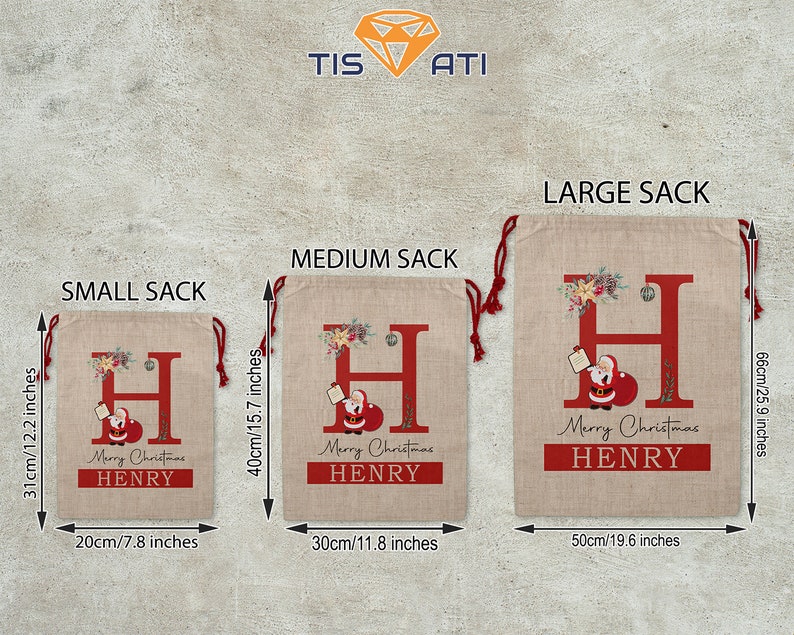 May include: Three burlap Christmas gift sacks with red and white trim, featuring a large red letter "H" with a Santa Claus illustration and the text "Merry Christmas" and a name. The sacks are labeled "Small Sack" (31 cm x 20 cm), "Medium Sack" (40 cm x 30 cm), and "Large Sack" (66 cm x 50 cm).