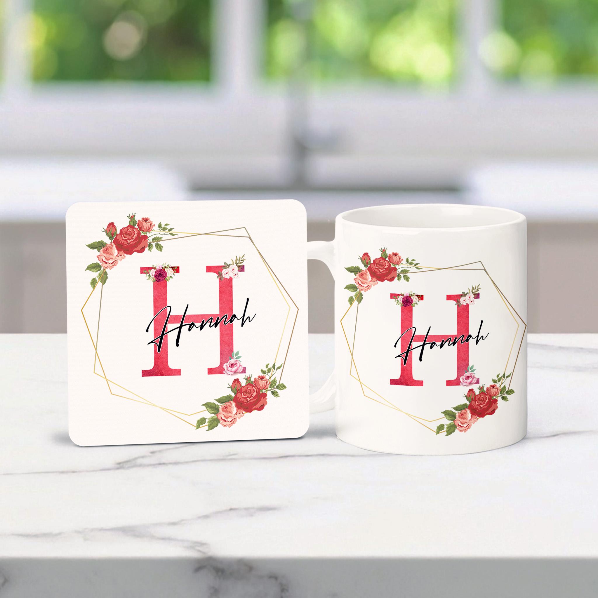 Tasse avec Lettre Tasse à Café Alphabet Tasse avec Initiale et Motif Floral Tasse Personnalisé Mug Noire Cadeau pour Dame, Femme, Maman, Amie, Cadeau pour Anniversaire, Fête Des Mères (R