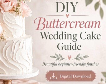 Puede incluir: Un pastel blanco de dos niveles con glaseado de crema de mantequilla texturizado, decorado con rosas rosadas y paniculata sobre un soporte de mármol. El texto dice: DIY Buttercream Wedding Cake Guide, Beautiful beginner-friendly finishes, Digital Download.