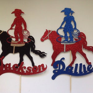 Western, Cowboy, Cowgirl Horse & Rider Cake Topper, Rodeo - Farm Decor, Birthday, Boy/Girl Birthday, Any Name, Trick Rider, Western Theme