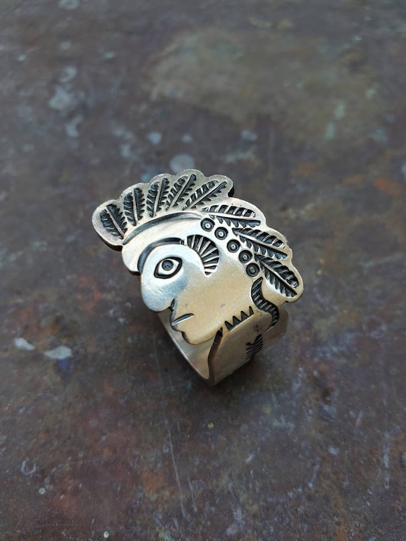 Native American Andy Cadman Chief Head Silver Ring - Gem