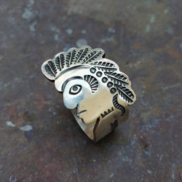 Native American Andy Cadman Chief Head Silver Ring