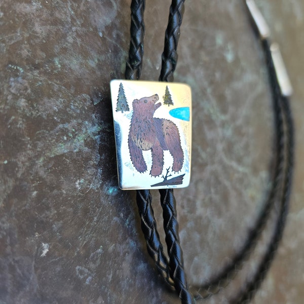 Vintage Native American Zuni H.R. Coonsis Inlay Bear Bolo