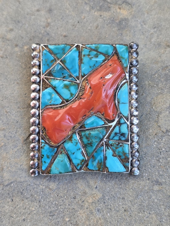 Dan Simplicio Zuni Native American Turquoise and Coral Pin / Pendant