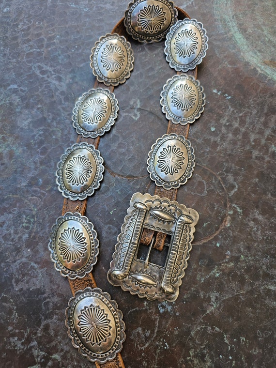 Scarce Vintage Native American Navajo 2nd Phase Turquoise Coin Silver Concho Belt Old Scarce Vintage Native American Navajo 2nd Phase Turquoise Coin Silver Concho Belt Old