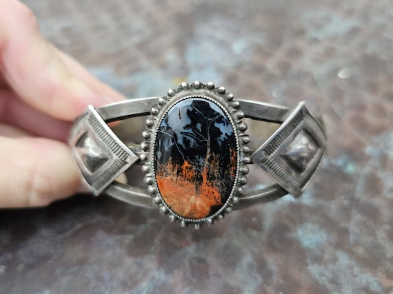Most Unique Rectangular Vintage Native American Navajo Petrified Wood Sterling Silver Bracelet Most Unique Rectangular Vintage Native American Navajo Petrified Wood Sterling Silver Bracelet