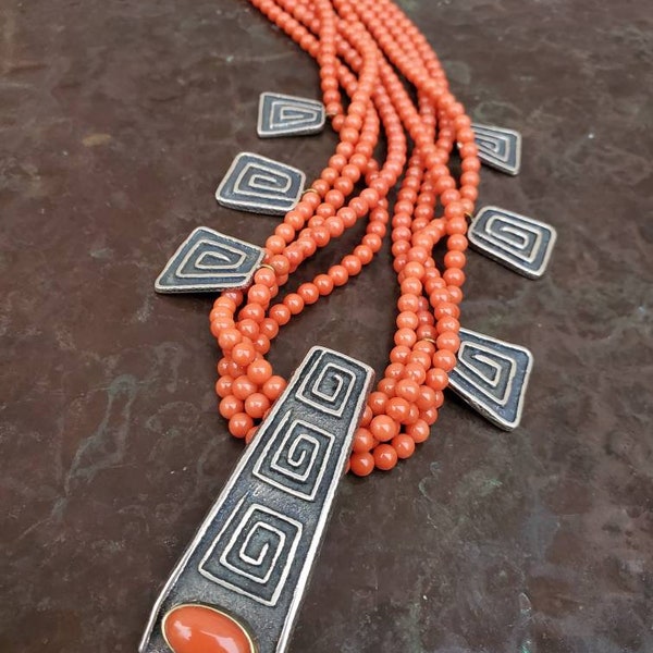 Native American Hopi Steve Wikviya Larance Coral Necklace with Sterling and Gold Pendants