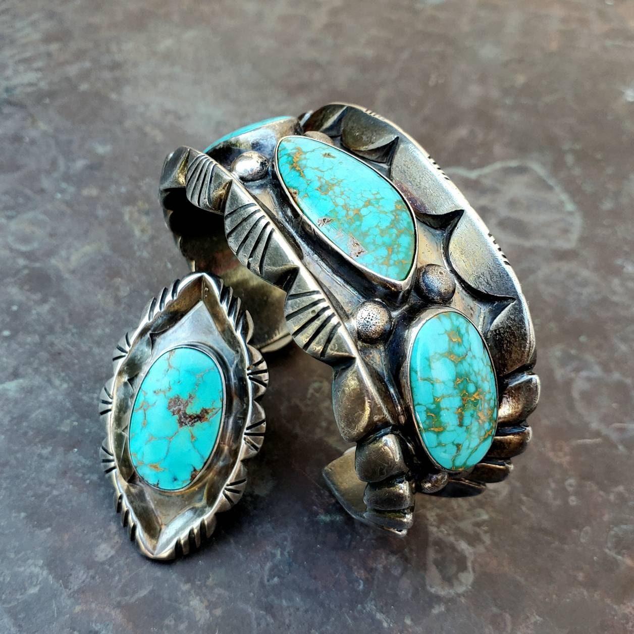 Large Native American Navajo Ramone Platero Turquoise Ring | Etsy