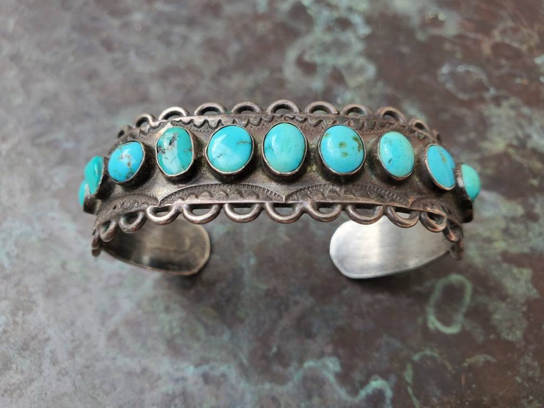 1920s Native American Pueblo Ingot and Turquoise Row Bracelet