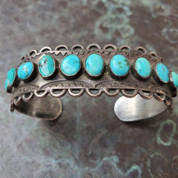 1920s Native American Pueblo Ingot and Turquoise Row Bracelet / Cuff