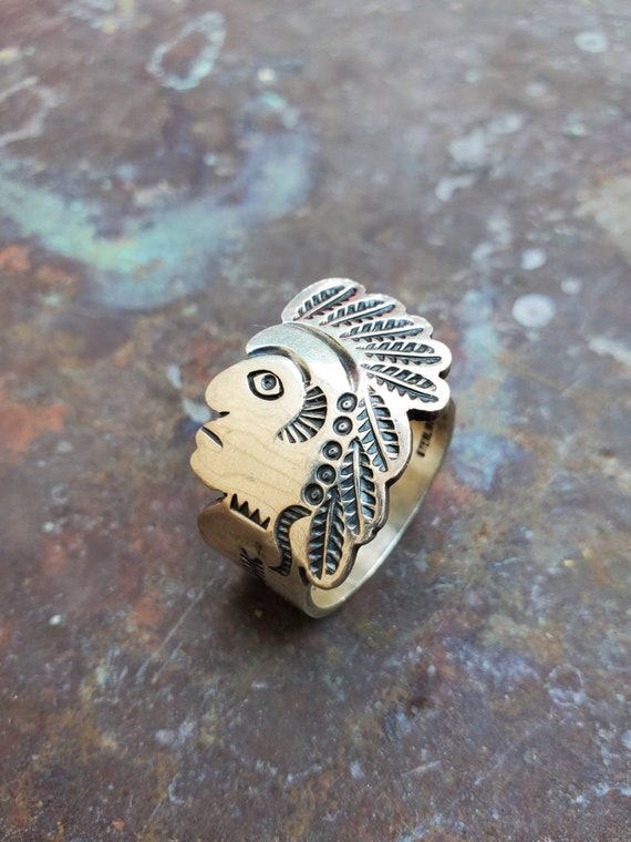 Native American Andy Cadman Chief Head Silver Ring - Gem