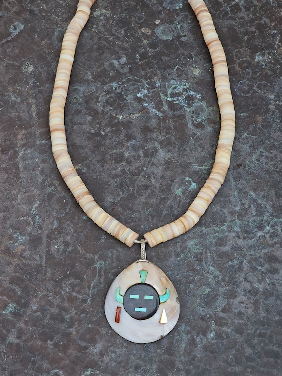 Native American Inlayed Horned Kachina on Large M… - image 1