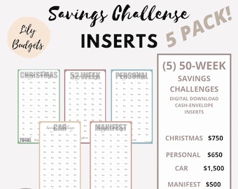 5 PACK Savings Challenges Insert | A6 Cash Envelope Savings Challenges | Printable Savings Challenges