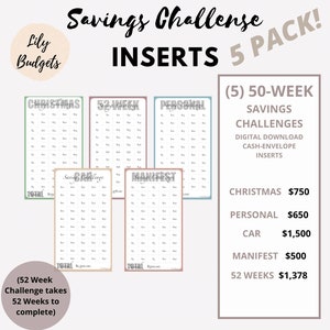 5 PACK Savings Challenges Insert | A6 Cash Envelope Savings Challenges | Printable Savings Challenges