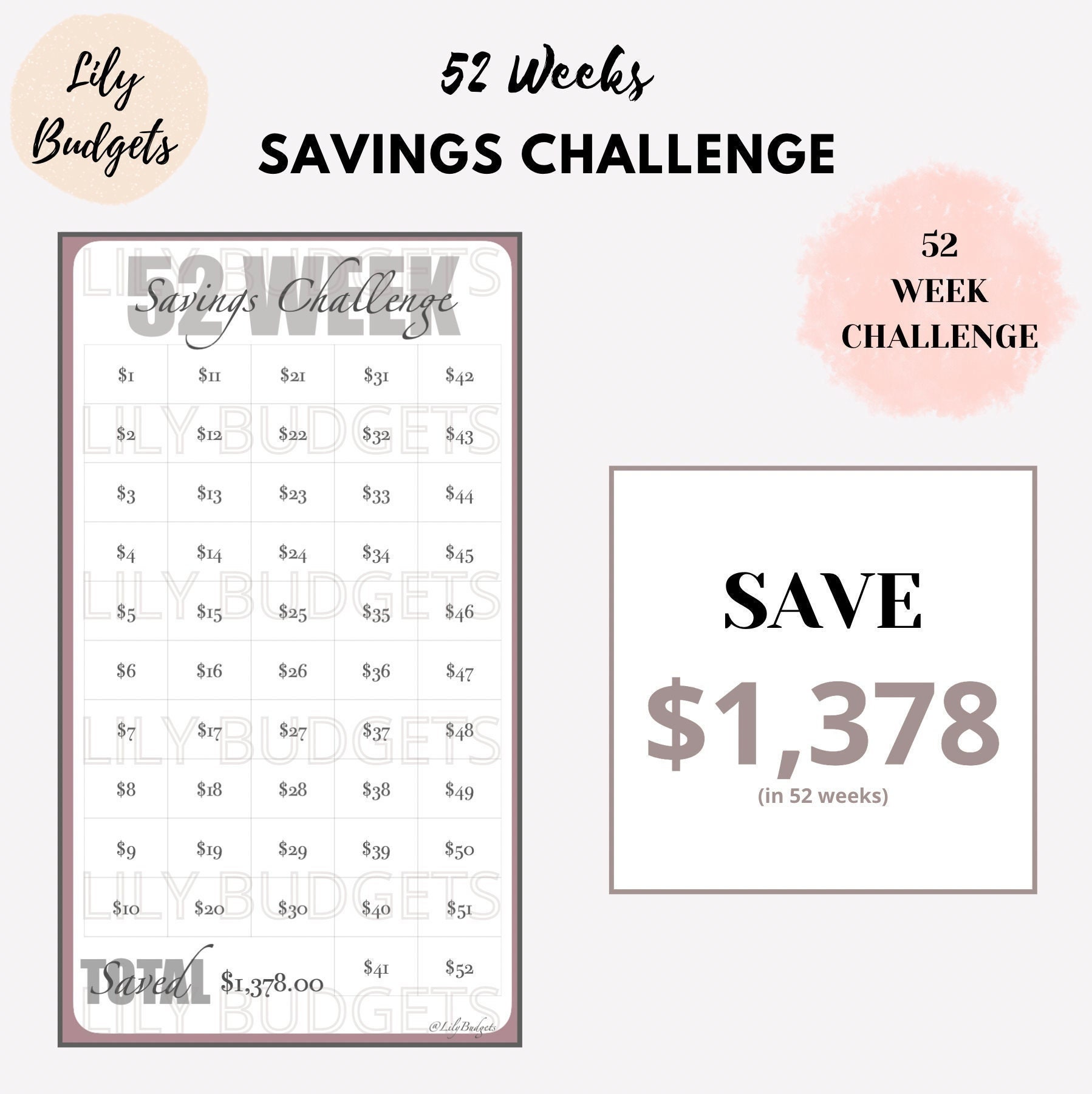$5 Dollar Weekly Savings Challenge Printable Cash Envelopes set ( 52 W –  Wander Print Creations™