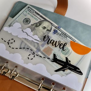 Laminated Cash Envelope A6 - Travel | Travel-Themed Cash Envelope | Frosted Front | Vellum Travel/Plane/Clouds Envelope