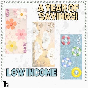 May include: A year of savings chart with three months: April, May, and June. Each month has a different background and shows a savings goal for each week. The chart is titled "A Year of Savings!" and "Low Income".