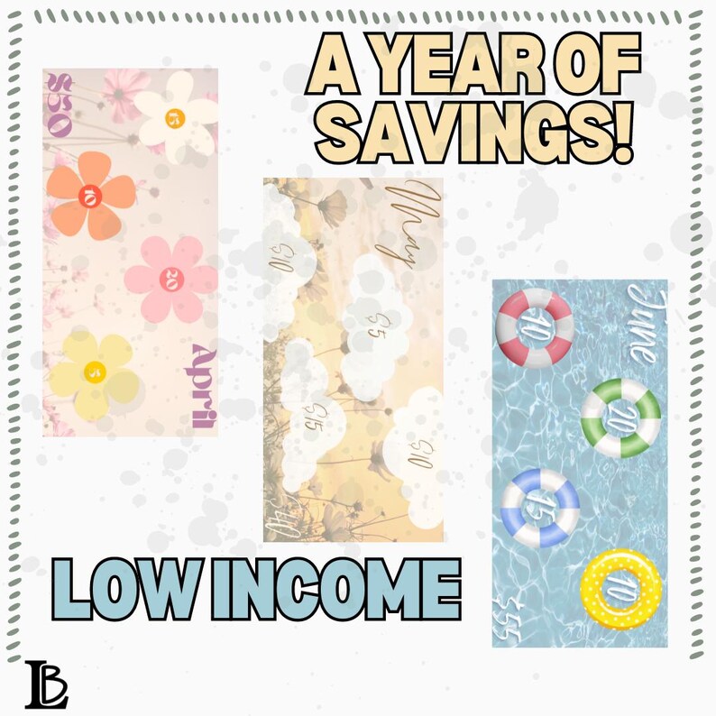 May include: A year of savings chart with three months: April, May, and June. Each month has a different background and shows a savings goal for each week. The chart is titled "A Year of Savings!" and "Low Income".