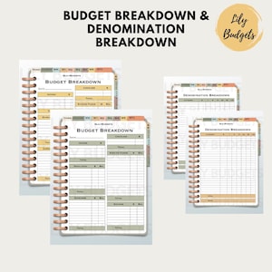 Może przedstawiać: Cztery strony z planera budżetowego w kolorze brzoskwiniowym i zielonym. Strony są oznaczone jako "Budget Breakdown" i "Denomination Breakdown". Strony zostały zaprojektowane, aby pom&oacute;c użytkownikom w śledzeniu swoich dochod&oacute;w, wydatk&oacute;w i oszczędności.