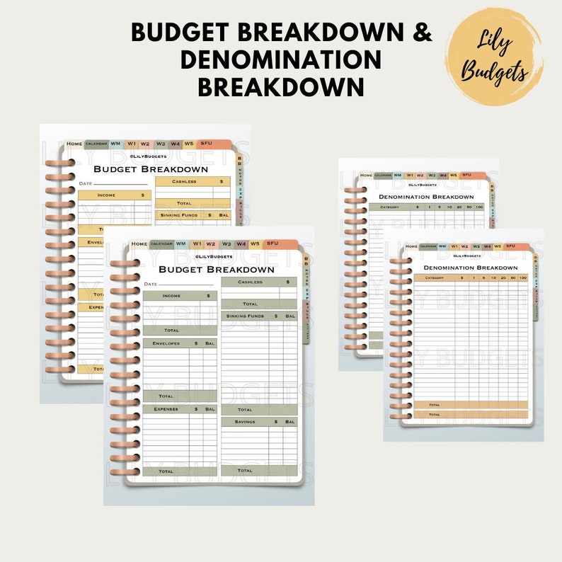 Może przedstawiać: Cztery strony z planera budżetowego w kolorze brzoskwiniowym i zielonym. Strony są oznaczone jako "Budget Breakdown" i "Denomination Breakdown". Strony zostały zaprojektowane, aby pom&oacute;c użytkownikom w śledzeniu swoich dochod&oacute;w, wydatk&oacute;w i oszczędności.