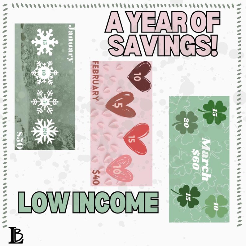 May include: A chart with a year of savings plan for low income earners. The chart is divided into three sections: January, February, and March. Each section has a different theme and color scheme. January is green with snowflakes, February is pink with hearts, and March is green with shamrocks. Each section has a dollar amount associated with it, representing the total amount of savings for that month.