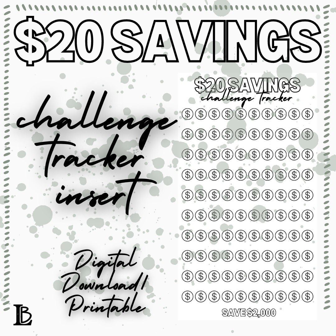 20 Dollar Savings Tracker Insert | Digital Download 20 Dollar Savings ...