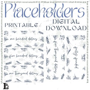 Pode incluir: Marcadores imprimíveis para dinheiro ou cartões-presente. O design apresenta um padrão azul e branco com uma libélula, flores e um pássaro. Os marcadores incluem o texto "one hundred dollars", "five hundred dollars", "one thousand dollars" e "five thousand dollars".