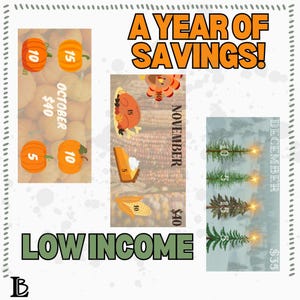 May include: A chart showing savings for low income families throughout the year. The chart is divided into three sections: October, November, and December. Each section has a different image representing the month. October has pumpkins, November has a turkey and pie, and December has a Christmas tree. Each section also has a dollar amount listed for the savings.