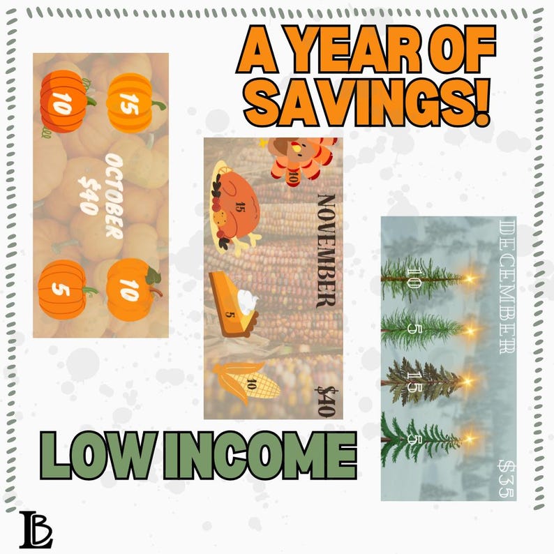 May include: A chart showing savings for low income families throughout the year. The chart is divided into three sections: October, November, and December. Each section has a different image representing the month. October has pumpkins, November has a turkey and pie, and December has a Christmas tree. Each section also has a dollar amount listed for the savings.