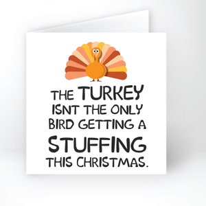 May include: A humorous Christmas card featuring a cartoon turkey with the text "The turkey isn't the only bird getting a stuffing this Christmas."