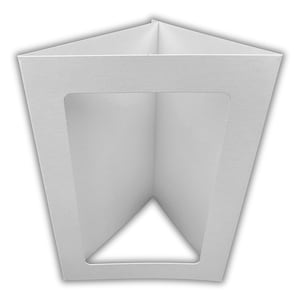 May include: White cardboard display stand with a triangular shape and a rectangular opening in the front. The stand is designed to hold a product or item for display.