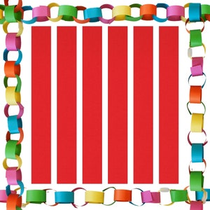 May include: A vibrant paper chain border frames a white backdrop with five vertical red stripes. The paper chain is made of colourful links in shades of pink, green, blue, yellow, and orange. Ideal for craft projects and decorative purposes.