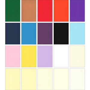May include: Sixteen rectangular sheets of paper in a grid, each a different solid colour. Colours include green, brown, red, orange, purple, navy, blue, dark purple, black, light blue, pink, yellow, lavender, white, and two shades of cream.