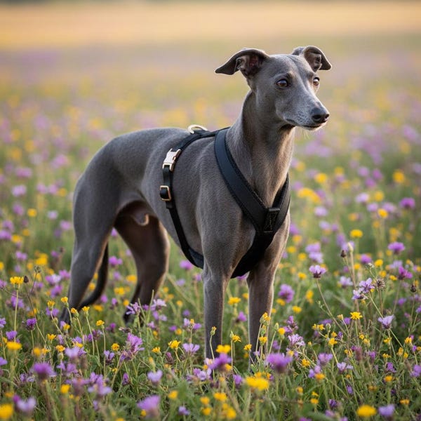 Stylish greyhound harness in timeless black with rose gold buckles for a perfect fit