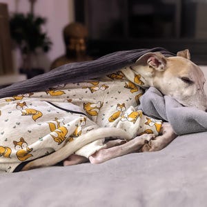 Hondenpyjama van katoenmix met een vos- of hertenmotief in beige of grijs voor windhonden, whippets, galgo's en windhonden